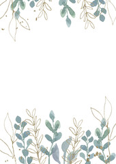 Watercolor peach pink blush green gold geometric frame clipart, Floral leaves wreath, Wildflower bouquet, Wedding invitation, Greenery frame