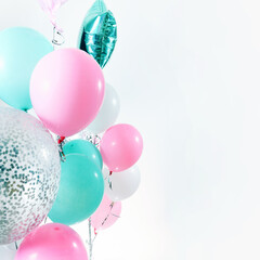 Air Balloons. Set of gentle pink white turquoise heart, star-shaped foil balloons. Holiday...