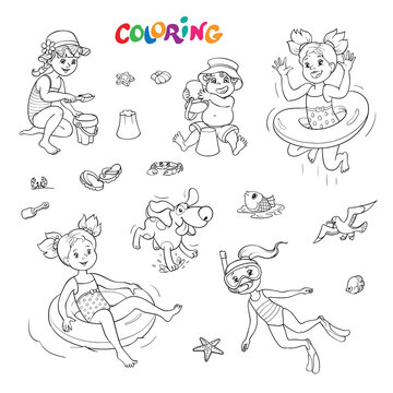Coloring book or page. Black and white outline set of joyful children on vacation by the sea with a dog and other animals.