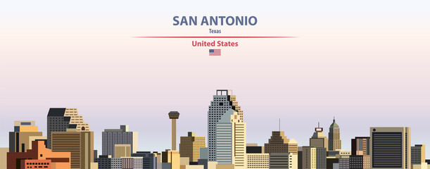 San Antonio cityscape on sunset sky background vector illustration with country and city name and with flag of United States - obrazy, fototapety, plakaty