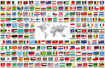 Vector collection of all world flags arranged in alphabetical order. World map with countries names and borders