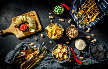 Cold beer with potato chips, snacks and sauce on dark background