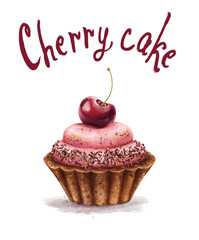 Tasty cake with a cherry in a realistic style. Cupcake isolated on a white background. Sweet chocolate dessert. Cherry cake lettering. For the design of cards, posters, banners, invitations, greetings