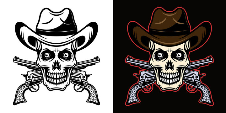 Skull in cowboy hat and crossed pistols vector illustration in two styles black on white and colorful on dark background