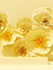 Summer mockup background for product presentation. Paper flower and podium on yellow background. 3d rendering illustration. Clipping path of each element included.