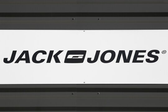 Macon, France - March 15, 2020: Jack and Jones logo on a wall. The Jack and Jones brand is sold in approximately 2,000 retail shops, of which 270 are Jack and Jones franchises
