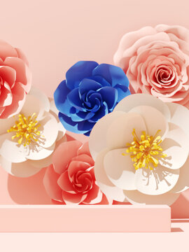 Summer mockup background for product presentation. Paper flower and podium on pink background. 3d rendering illustration. Clipping path of each element included.