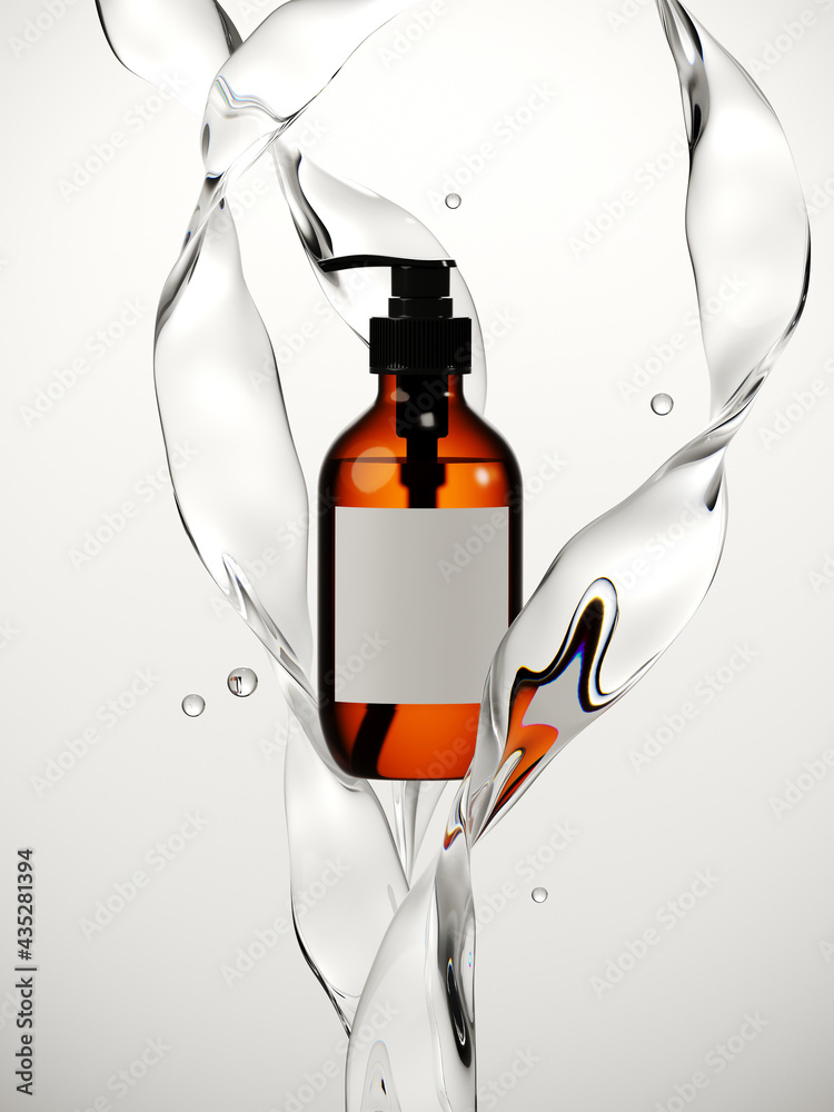 Wall mural Minimal style mockup for product presentation. Cosmetic bottle, water splash and glass platform on white background. Clipping path of each element included. 3d rendering illustration. 