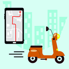 Mobile phone with open city maps and a given delivery point. Orange scooter on which the courier will deliver the package to you.