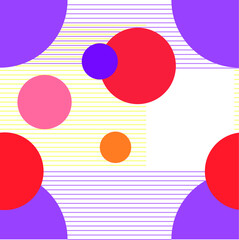 Abstract minimalistic pattern of colorful circular objects and a repeating linear grids in the background