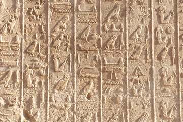 Egyptian hieroglyphs on the ancient wall of the Karnak temple.
