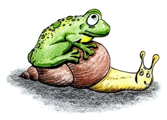 The Frog drawing is made with colored pencils and black liner