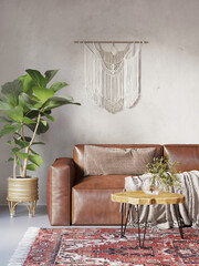 3d bohemian interior with boho macrame wall hanging decor, a fig plant, a round wood slab coffee table and a dark brown leather sofa