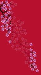 Vertical Floral greeting card with beautiful pink blossom flowers branch Sakura.Red colors Background with copy space text on Cherry Twig In Bloom.Postcard good for wedding invitation,Women day,Mother