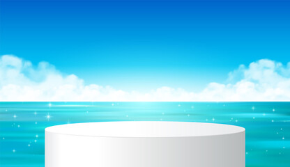 White podium display with for product presentation. Summer blue sky and white clouds on the horizon background. product presentation, mockup Podium. Stage pedestal or platform. 3d vector.