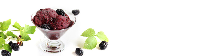 ice cream banner. blackberries, raspberry  ice cream Natural homemade  sorbet  and fresh berries of blackberries on a light background. - obrazy, fototapety, plakaty