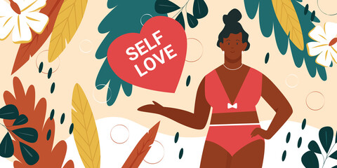Self love body positive movement concept vector illustration. Cartoon happy fat woman in bikini demonstration gesture, cute plus size female character in summer swimsuit, love and acceptance body
