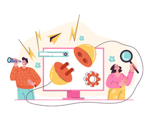 Bug 404 error page support trouble disconnection monitor message concept. Vector graphic design cartoon modern style illustration