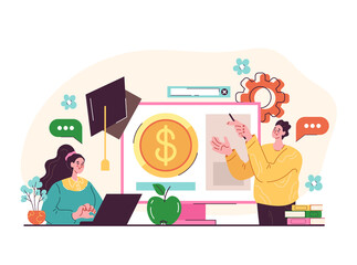 Financial literacy education elearning professional coaching study tutorial concept. Vector graphic design cartoon modern style illustration
