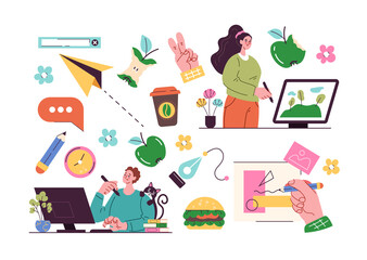 Freelance workers with design element collection isolated on white background set. Vector graphic design cartoon modern style illustration
