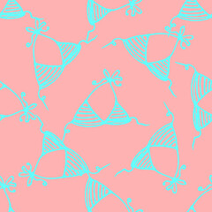 Vector seamless pattern of swimsuit bra color. hand-drawn top of a women's striped swimsuit with a turquoise lace in a doodle style with a pink background for a design template. a symbol of a beach ho