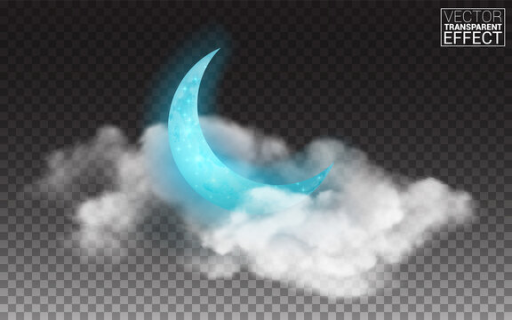 Realistic full blue moon white clouds isolated on transparent. Mystical Night sky. Moonlight night. Vector illustration of 3d moon with clouds.