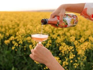 The women pouring wine into a glass against the yellow field of flowers. close-up.