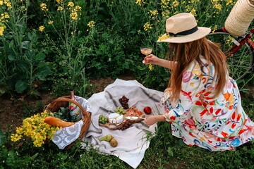 A beautiful girl drinksing wine at a picnic in a field of flowers. A summer eco picnic in the field with straw basket, flowers, wine, fruits, baguette, cheese Camembert