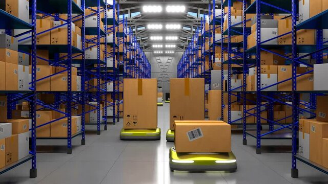 Autonomous robots transporting packages in warehouse, rack shelves standing on both sides - artificial intelligence, logistics, shipping, storage concept - 3D 4k animation (3840x2160 px).