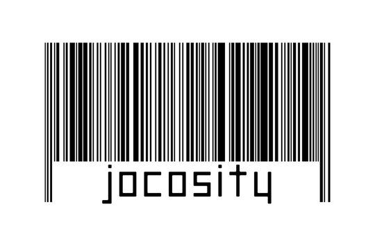 Digitalization concept. Barcode of black horizontal lines with inscription jocosity