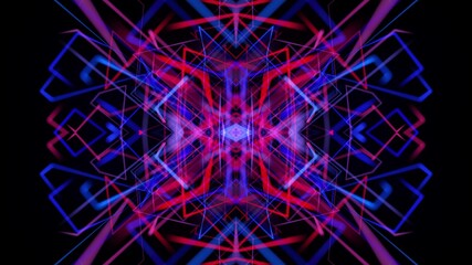 3d render. Abstract bg with pattern of glow blue red lines. Abstract laser show. Pattern like geometric structure in the air. Kaleidoscopic simmetrical structure with lines
