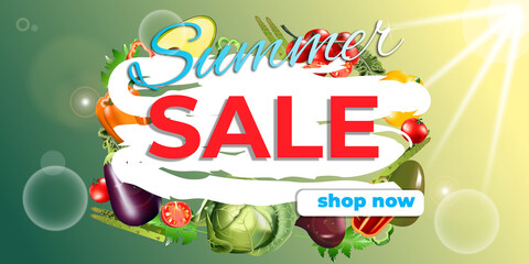 Summer sale banner. Sale promotion for Farm local market. Shiny background. Reflistic vegetables. Sun Ray. Summer sale shop now text.