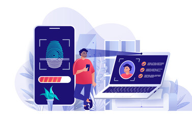 Biometric access control concept in flat design. User identification by face recognition and fingerprint scene template. Man access to his account. Vector illustration of people characters activities