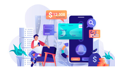 Mobile banking concept in flat design. Online financial accounting scene template. Man uses mobile application for bank operations and transactions. Vector illustration of people characters activities