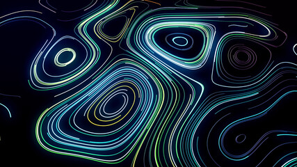 Abstract compiting neural network or ai. Abstract background with lines. Multicolor flash of curved lines on plane. Running neon lights like garland on plane. 3d render