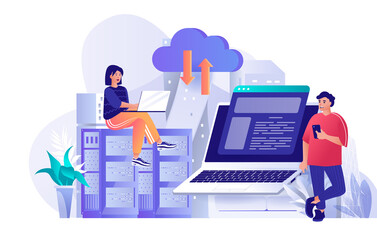 Hosting provider concept in flat design. Engineers working at server racks room scene template. Placement of website for business, tech support. Vector illustration of people characters activities
