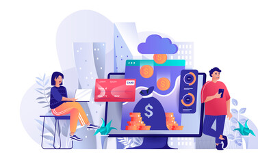 Virtual finance concept in flat design. Online banking and accounting scene template. Man and woman pay online, financial transactions, bank tools. Vector illustration of people characters activities