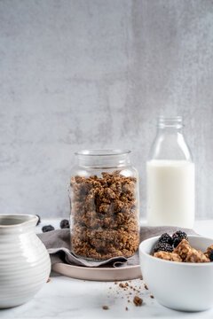 Granola in bowl with milk