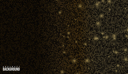Gold Glitter Halftone Dotted Backdrop black and gold color. Abstract Circular Retro Pattern. Golden Explosion Of Confetti. Digitally Generated Image. Pop Art Style Background. Vector Illustration.
