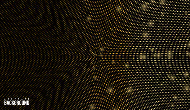 Gold Glitter Halftone Dotted Backdrop black and gold color. Abstract Circular Retro Pattern. Golden Explosion Of Confetti. Digitally Generated Image. Pop Art Style Background. Vector Illustration.