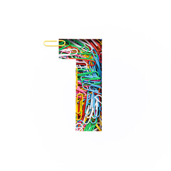 Number one of colorful rainbow paperclips, white cut paper sheet. First numeral. Typeface. Office supplies, paperwork
