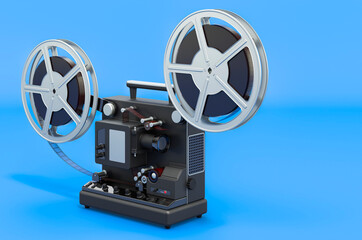 Obraz premium Cinema projector on blue backdrop, 3D rendering