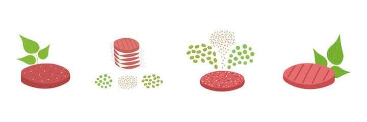 Plant based meat set. Meatless burger patty with green leaves and ingredients such as mung beans, brown rice and pea. Vegan organic food. Vector flat illustration.