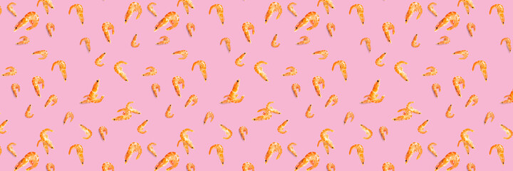 Tiger shrimp. Seafood background made from Prawns isolated on a pink backdrop. modern flat lay background from boiled shrimps, Seafood. not seamless pattern