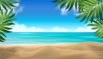 Fototapeta na wymiar Product advertising background. Azure ocean white clouds. Coconut palm trees against blue sky and beautiful tropical beach. Vacation holidays background wallpaper. Vector Illustration.