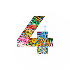 Number four of colorful rainbow paperclips, white cut paper sheet. Fourth numeral. Typeface. Office supplies, paperwork