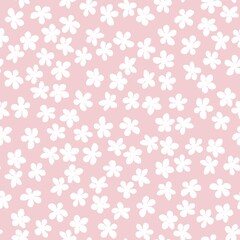 Seamless pattern with blossoming Japanese cherry sakura for fabric, packaging, wallpaper, textile decor, design, invitations, print, gift wrap, manufacturing. White flowers on pink background.