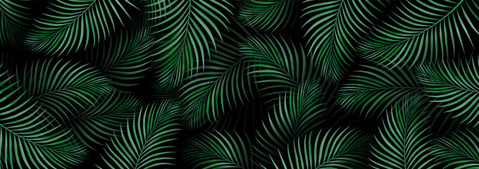 Luxury banner background. Exotic tropical palm leaves. hawaiian plants pattern. Spring or summer nature. Plant branches on a dark background. Promotional template. Design Element.