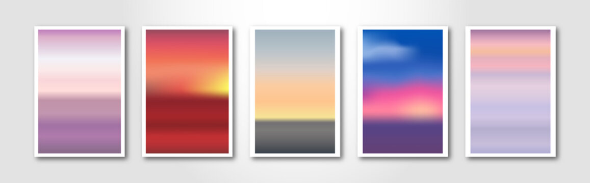 Set of modern pictures with smooth color gradients. An image of a blurred mesh of sunset and sunrise over the sea and land.