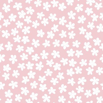 Seamless pattern with blossoming Japanese cherry sakura for fabric, packaging, wallpaper, textile decor, design, invitations, print, gift wrap, manufacturing. White flowers on pink background.